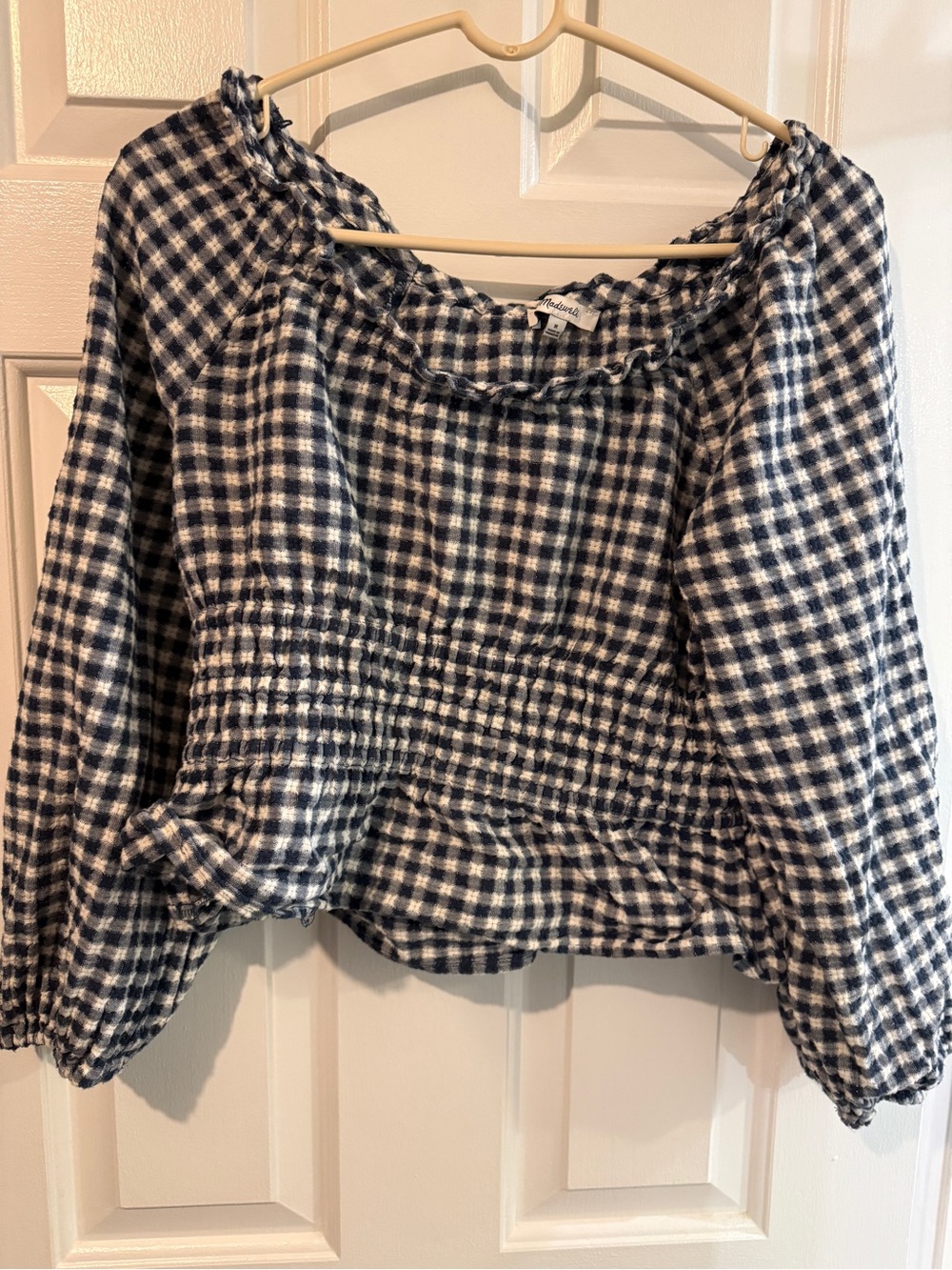 Madeqell Smocked Gingham Top - blue and white